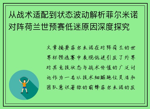 从战术适配到状态波动解析菲尔米诺对阵荷兰世预赛低迷原因深度探究